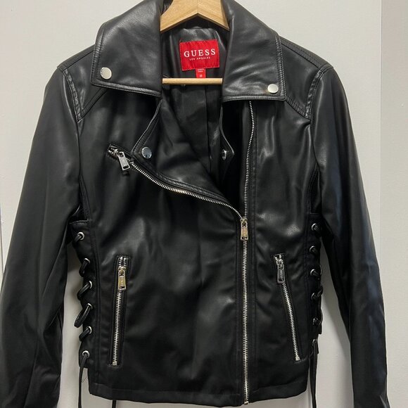 NEVER WORN GUESS faux black leather jacket with lace up on sides - Picture 1 of 3